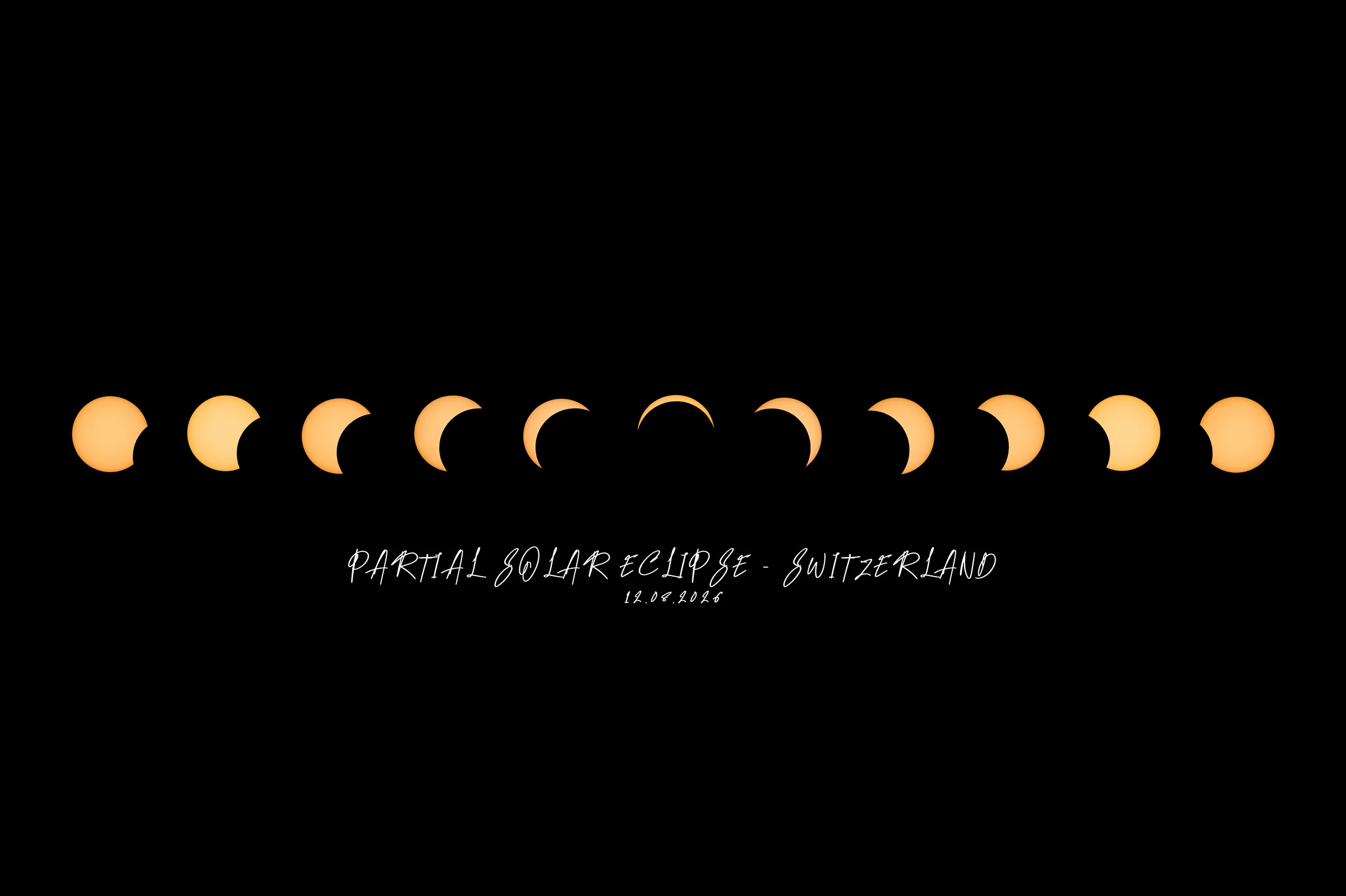 Sequenzfotografie einer partiellen Sonnenfinsternis über der Schweiz am 12. August 2026, zeigt die progressive Bedeckung der Sonne
